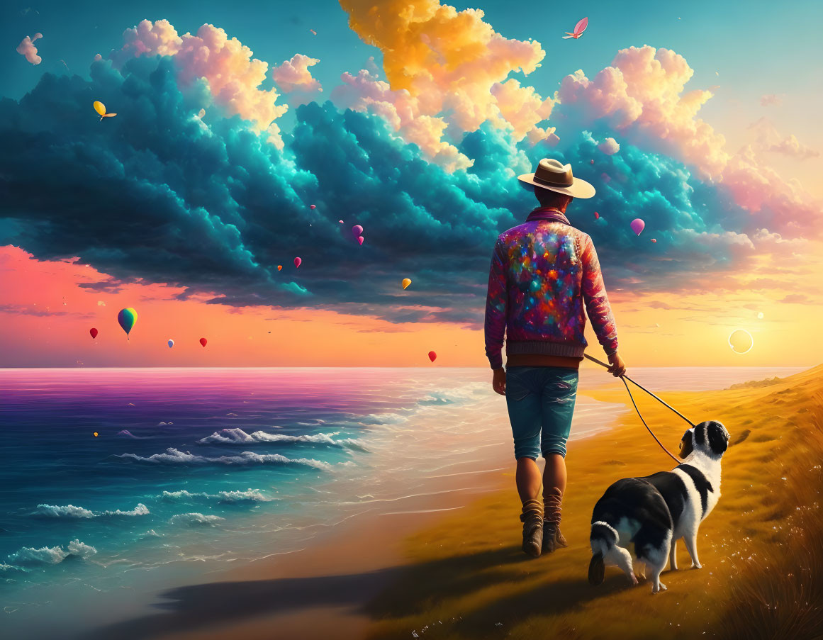 Colorful Jacket and Hat Person Walking Dog on Beach at Sunset with Hot Air Balloons