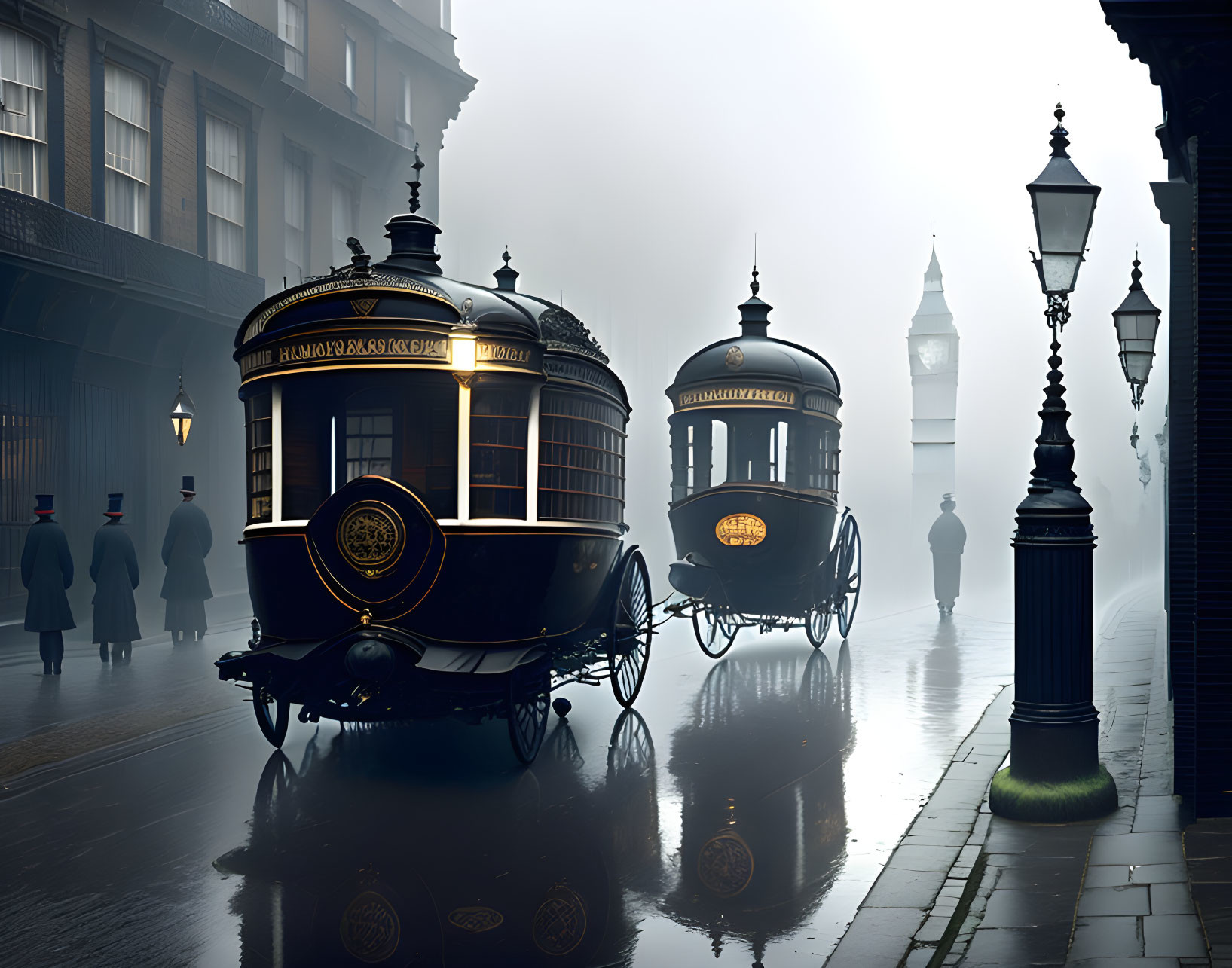 Vintage Tram Cars and Silhouettes on Foggy Street with Big Ben in Distance