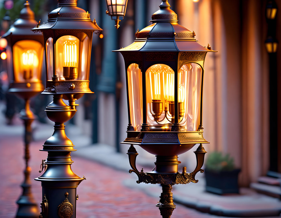 Ornate vintage street lamps illuminate dusk-lit alleyway