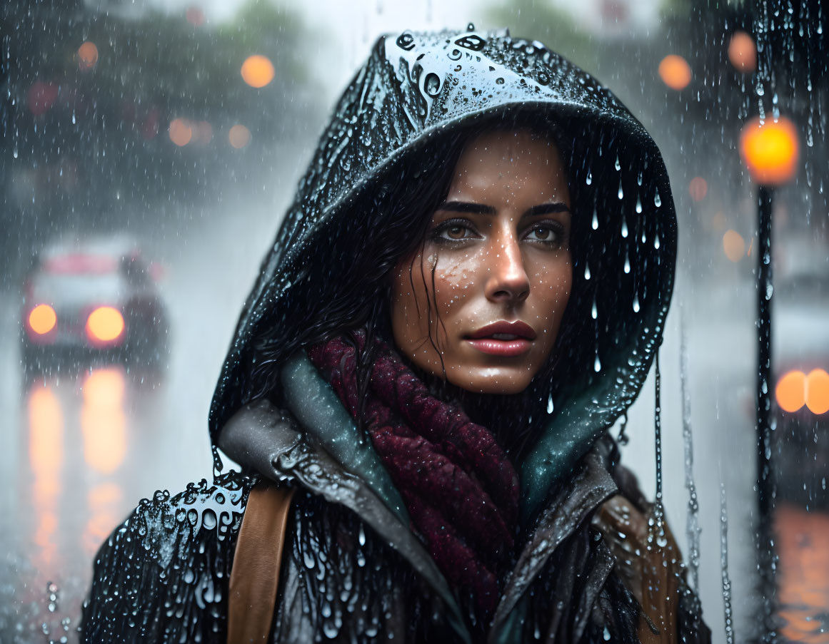 Woman in hooded jacket standing in rain with city lights and car in background