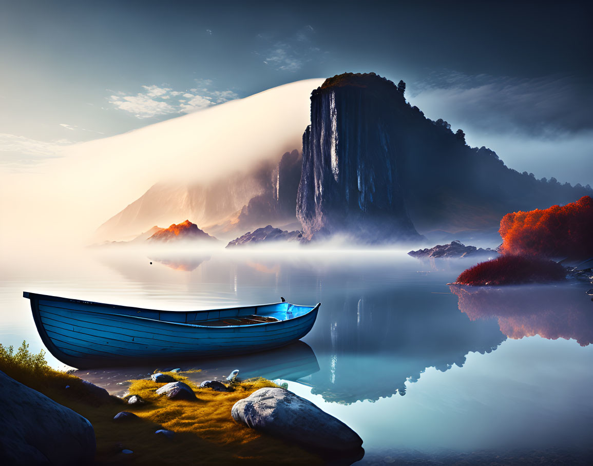 Tranquil lake shore with blue boat, misty mountains, and vibrant autumn trees