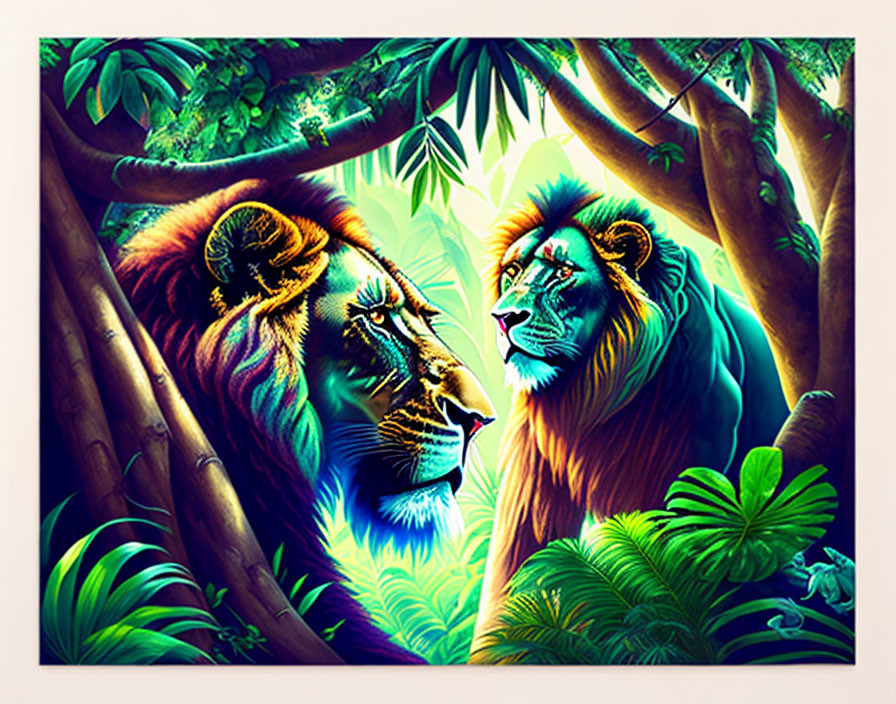 Vibrantly colored stylized lions in lush jungle setting