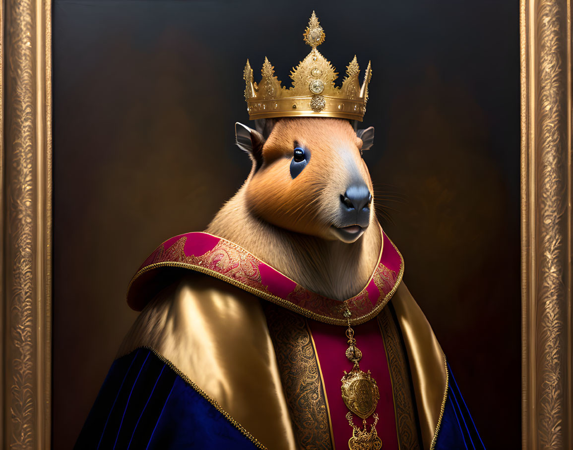 Regal Capybara Portrait with Golden Crown and Royal Mantle