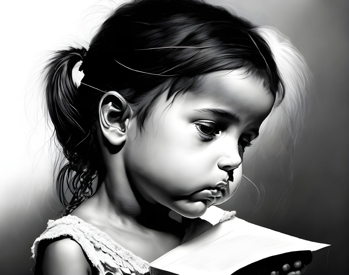 Monochrome artwork of young girl with ponytail reading book