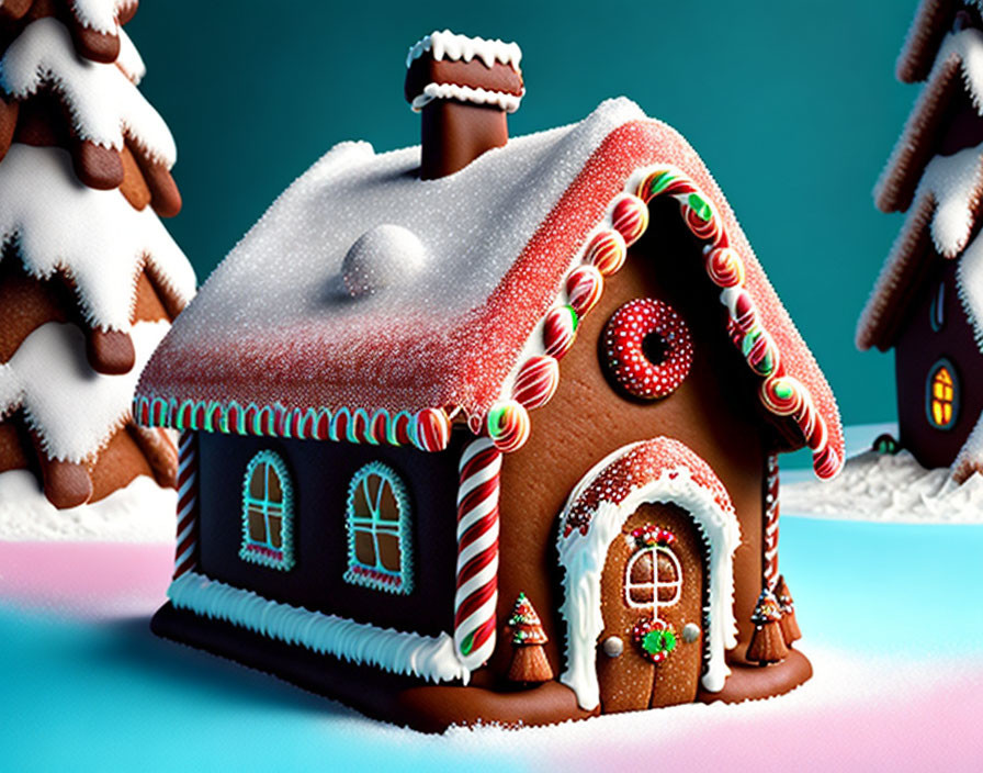 Vibrant gingerbread house with candy cane pillars on teal background