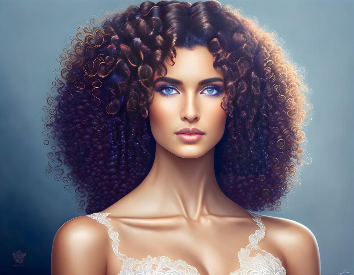 Digital portrait: Woman with curly hair, blue eyes, white lace garment