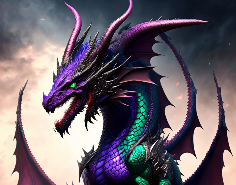 Majestic purple and green dragon with large horns and wings against dramatic cloudy sky