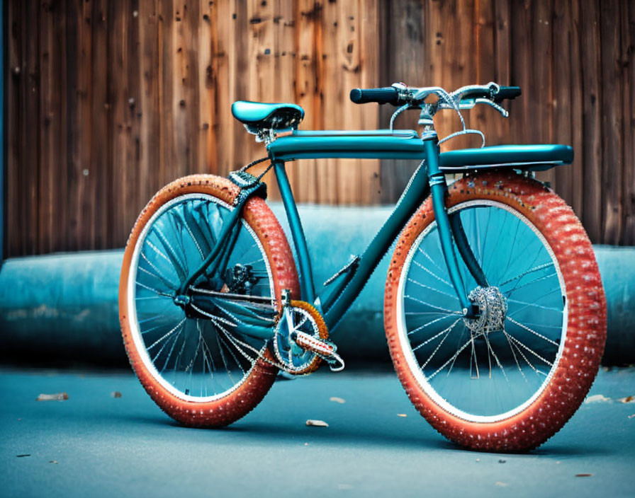 Teal Frame Bicycle with Brown Textured Tires on Pavement