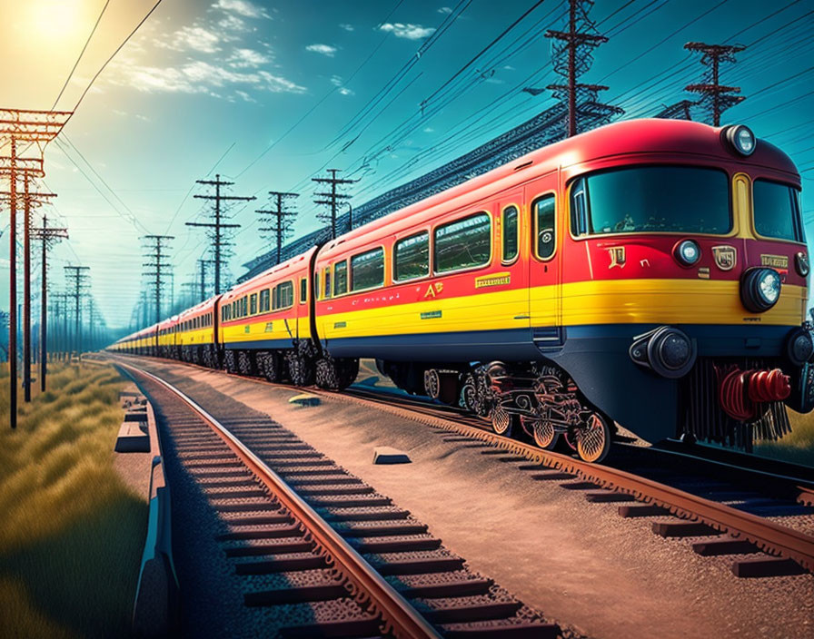 Colorful illustration of yellow and red train on tracks with electricity pylons and vibrant sky.