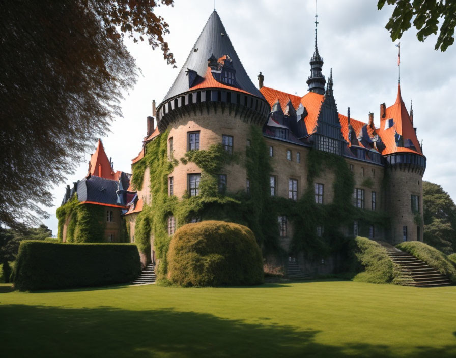 Majestic castle with spired towers in lush green setting