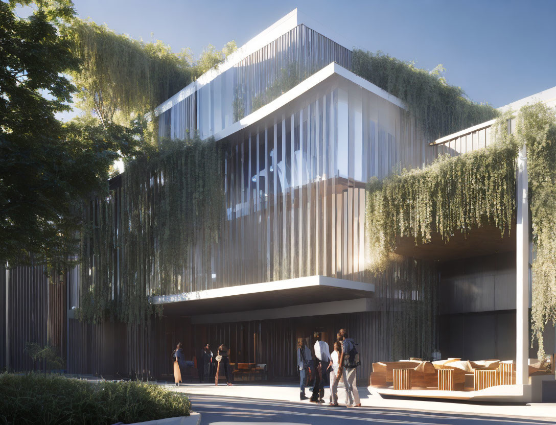 Contemporary multi-story building with greenery, vertical louvres, and people in shaded outdoor area