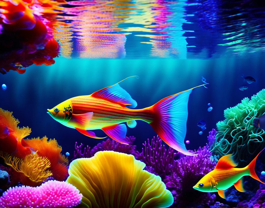 Colorful Fish and Coral in Vibrant Underwater Digital Art