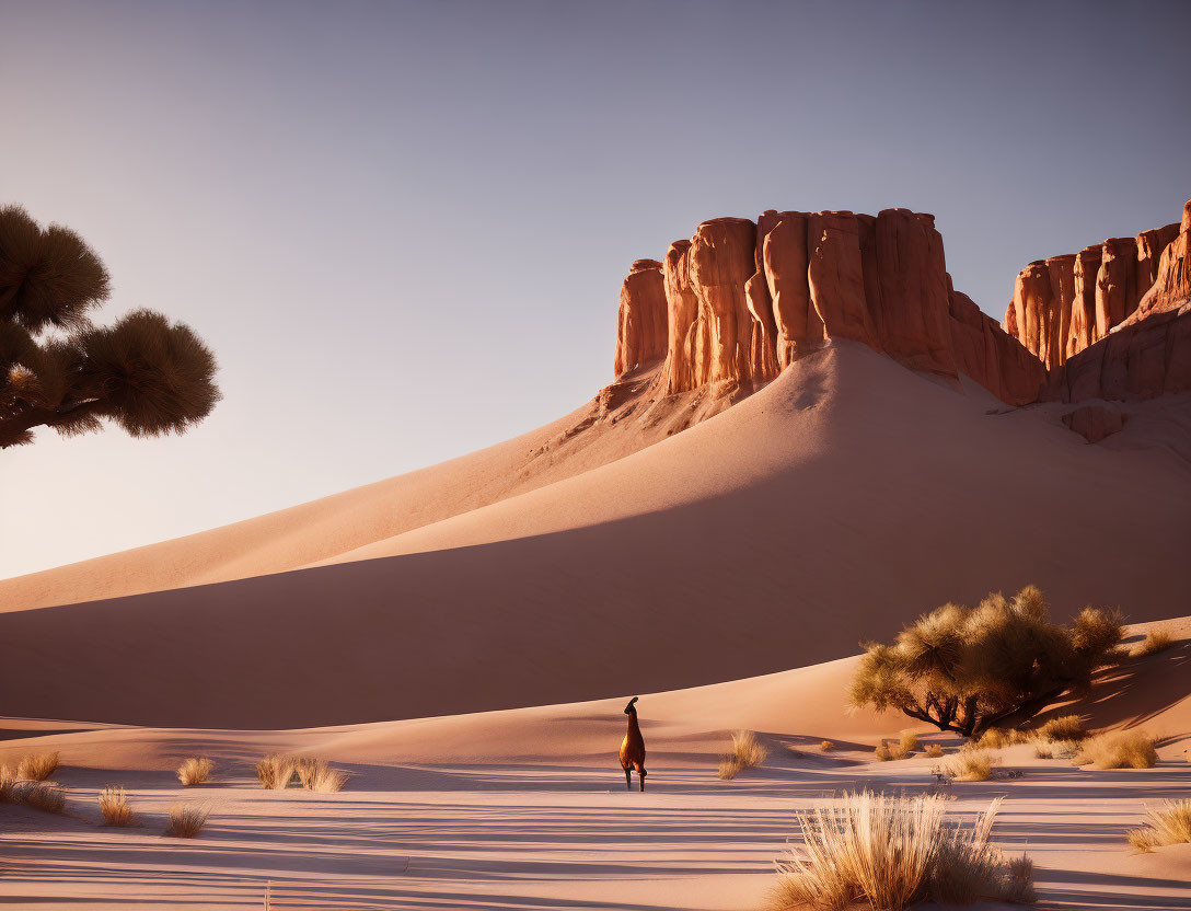 Desert landscape with lone figure, sandstone cliffs, and vegetation