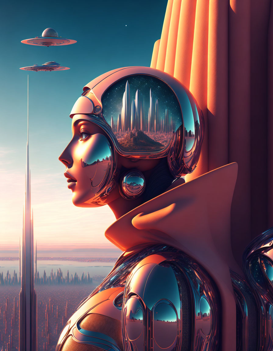 Futuristic robotic woman with reflective helmet in sci-fi cityscape