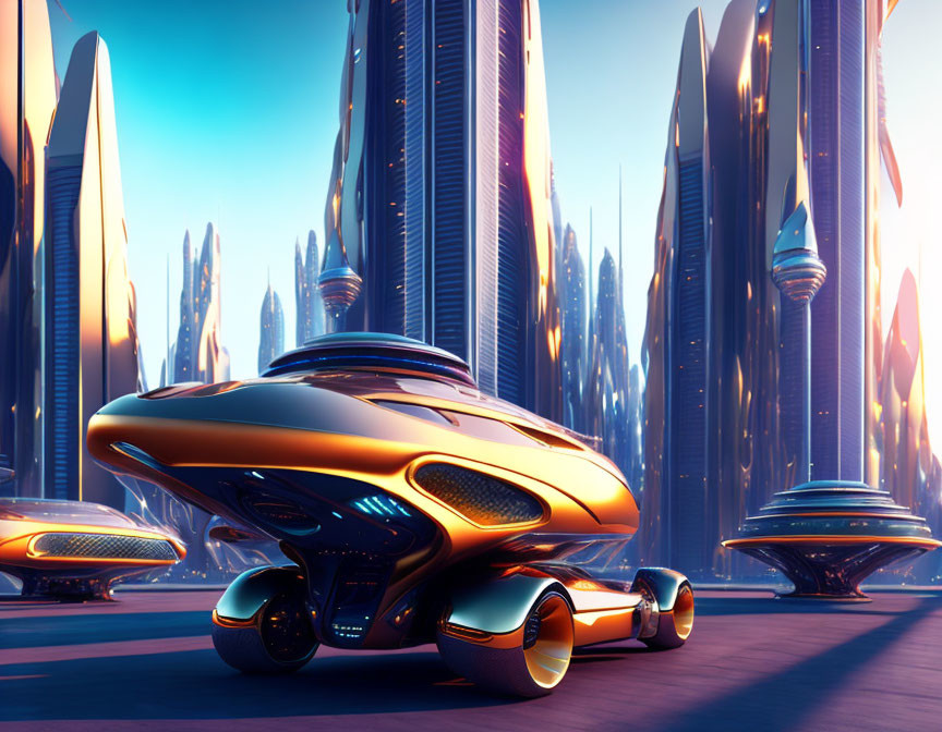 Futuristic metallic vehicle on city road with tall buildings