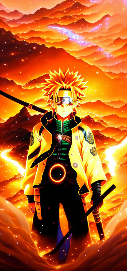 Spiky Blond-Haired Animated Character in Black and Orange Outfit with Swords on Fiery Background