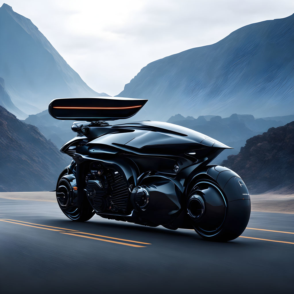 Sleek Black Motorcycle with Large Rear Wheel on Deserted Road