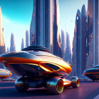 Futuristic metallic vehicle on city road with tall buildings