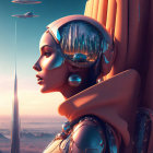 Futuristic robotic woman with reflective helmet in sci-fi cityscape