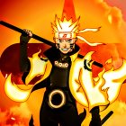 Spiky Blond-Haired Animated Character in Black and Orange Outfit with Swords on Fiery Background