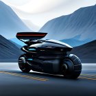 Sleek Black Motorcycle with Large Rear Wheel on Deserted Road