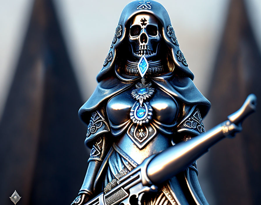 Detailed robed skeleton figure with ornate armor and staff, blue gemstone accents, blurred background