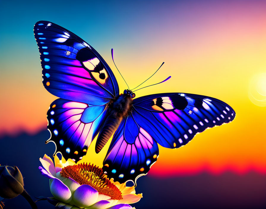 Colorful Butterfly on Yellow Flower in Vibrant Sunset Sky