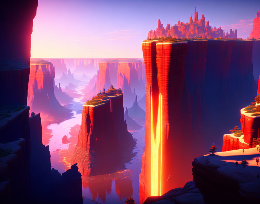 Digital landscape with cliffs, lava waterfall, and colorful sunset.