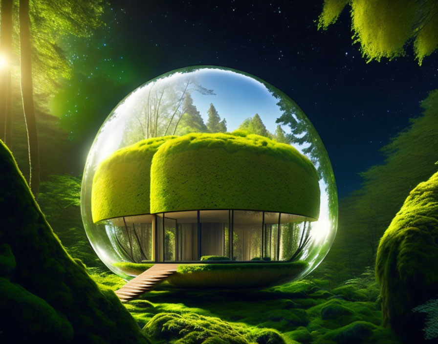 Glass Dome House with Grass-Covered Roof in Forest Night Sky