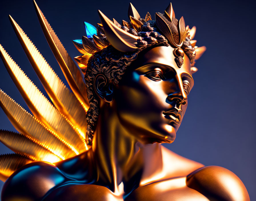 Golden metallic sculpture of person with wings and leafy crown in blue and orange glow