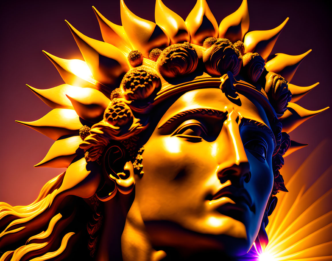 Dramatic golden statue of deity with sunburst crown