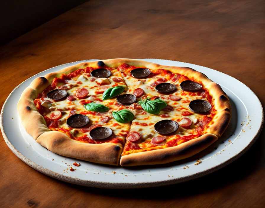 Pepperoni pizza with mozzarella and basil on wooden table