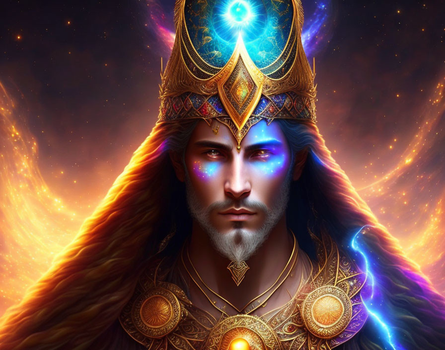 Fantasy king with glowing blue eyes and golden crown in mystical aura