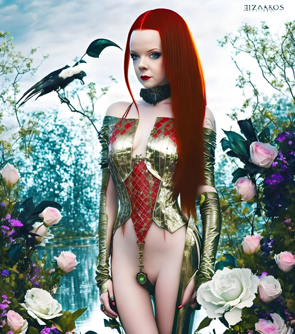 Red-haired female figure in golden corset surrounded by dreamlike garden, blackbird, and white roses