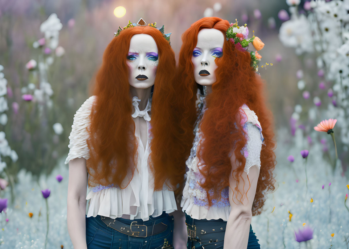 Vibrant Red Hair Individuals in Artistic White Face Makeup Amid Colorful Flower Field