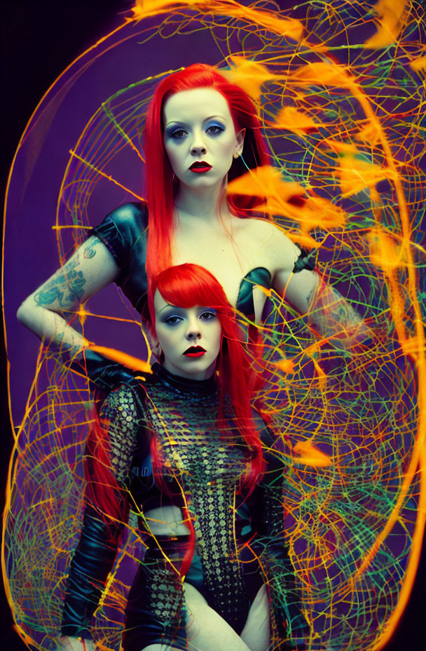 Vibrant red-haired women with tattoos on purple background and orange light trails