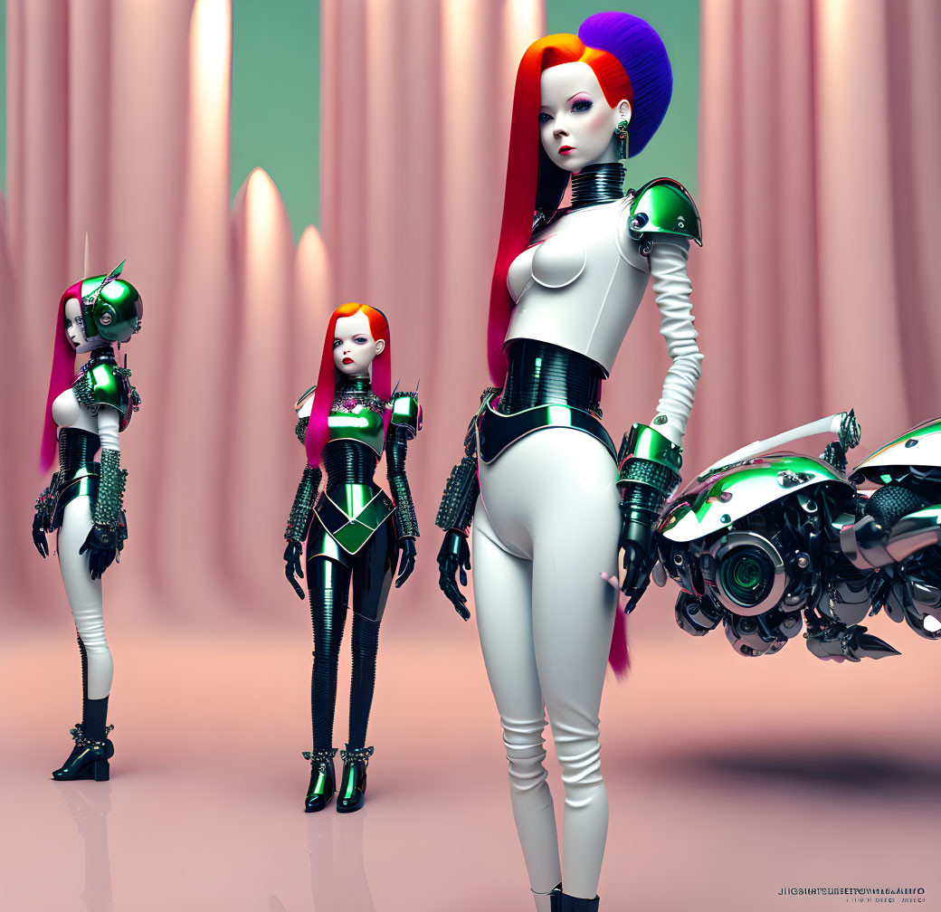 Futuristic robotic women in pink room with metallic dogs