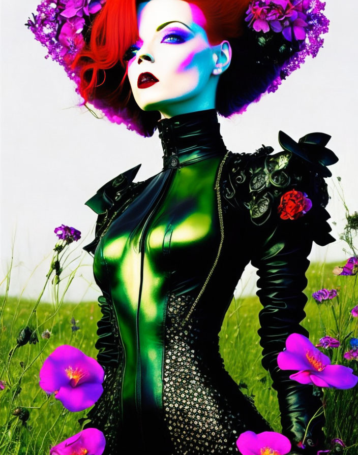 Colorful Portrait of Woman with Red Hair and Floral Headpiece in Green Bodysuit