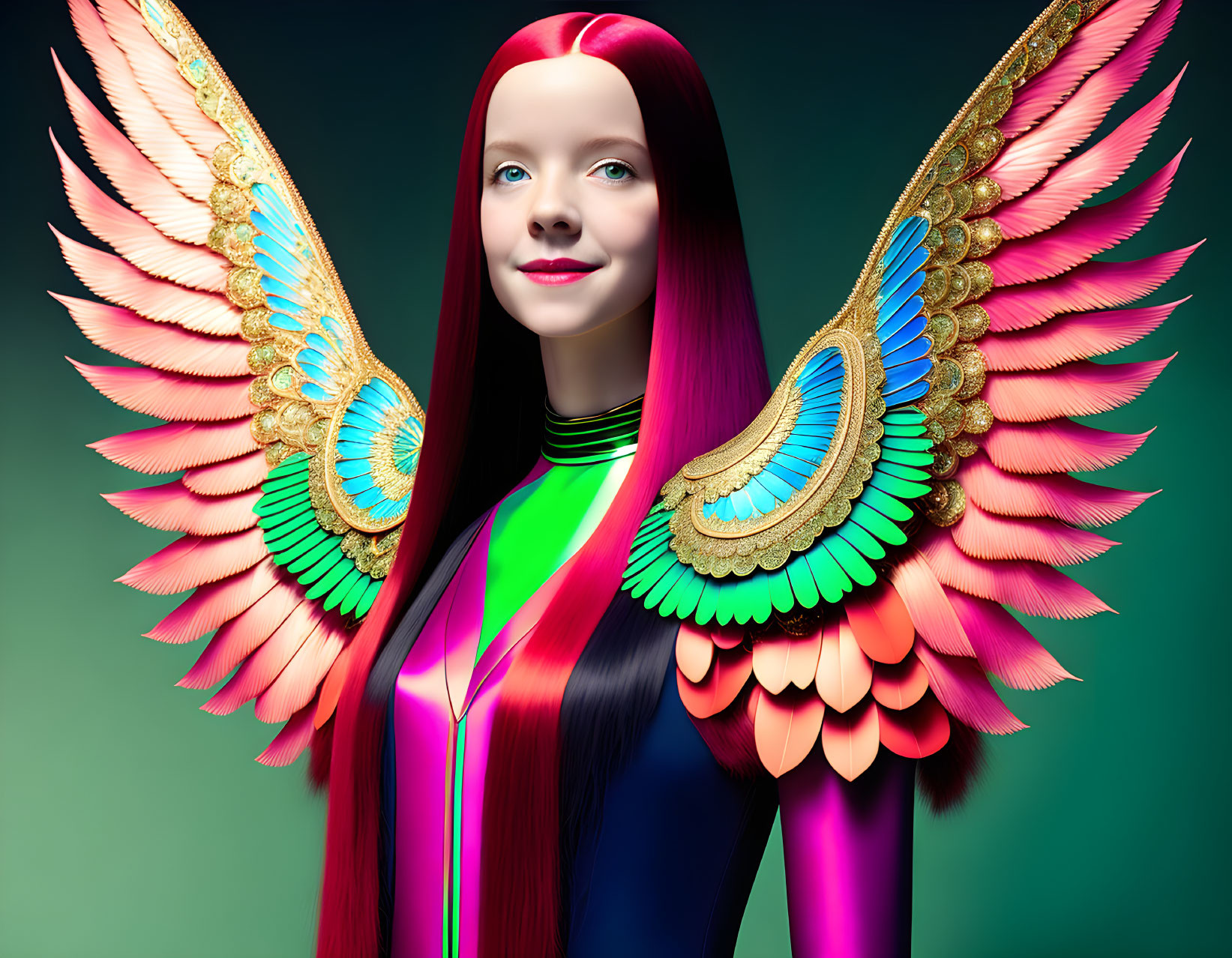 Multicolored Hair Girl with Bird-Like Wings on Green Background