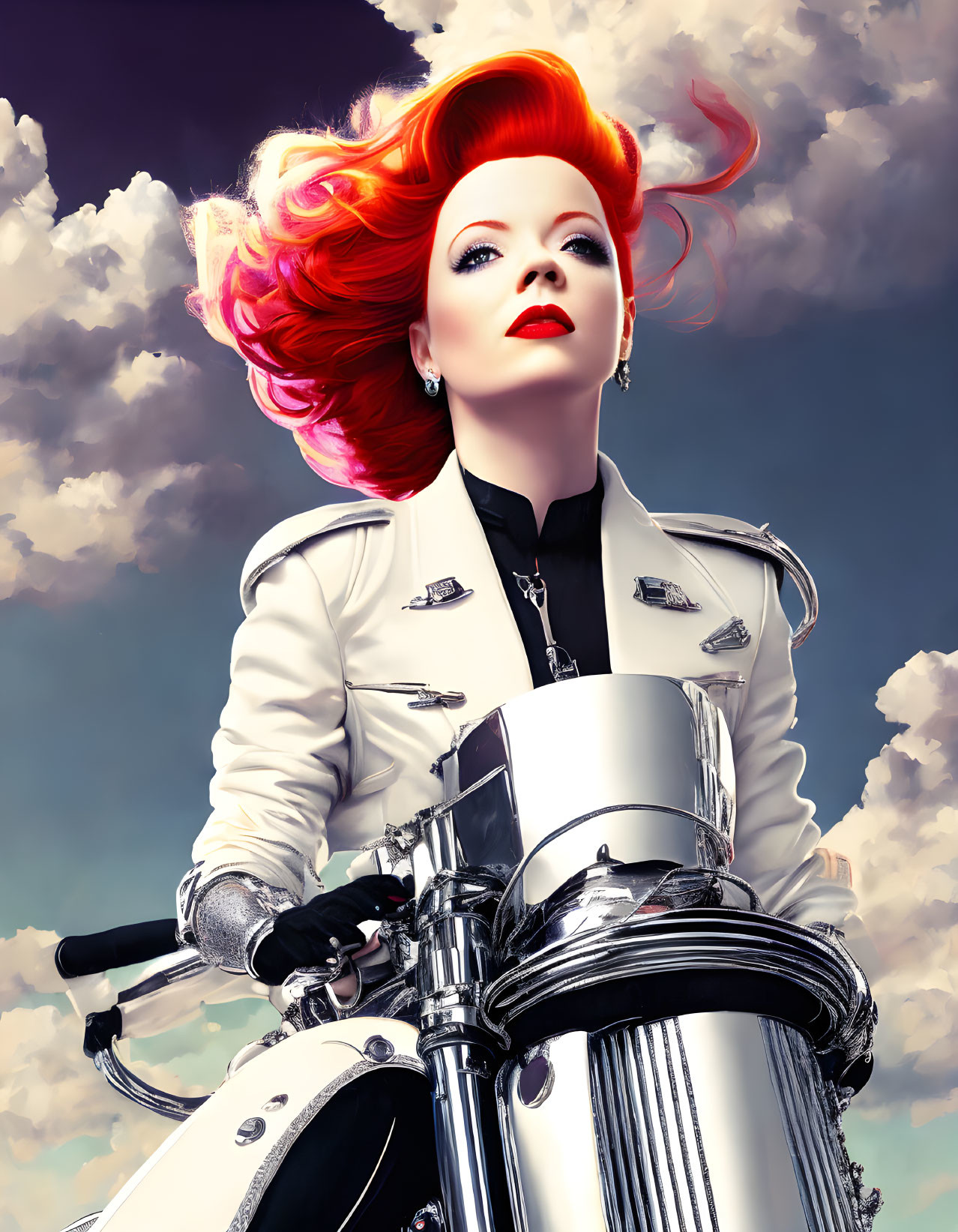 Vibrant red-haired woman on motorcycle under cloudy sky