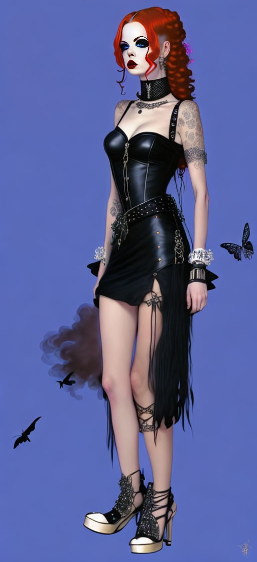 Digital artwork: Woman with red hair, tattoos, gothic attire, and butterflies on blue background