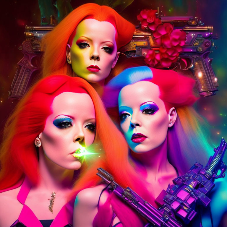 Three women with vibrant hair and makeup pose with sci-fi-style weapons against colorful backdrop