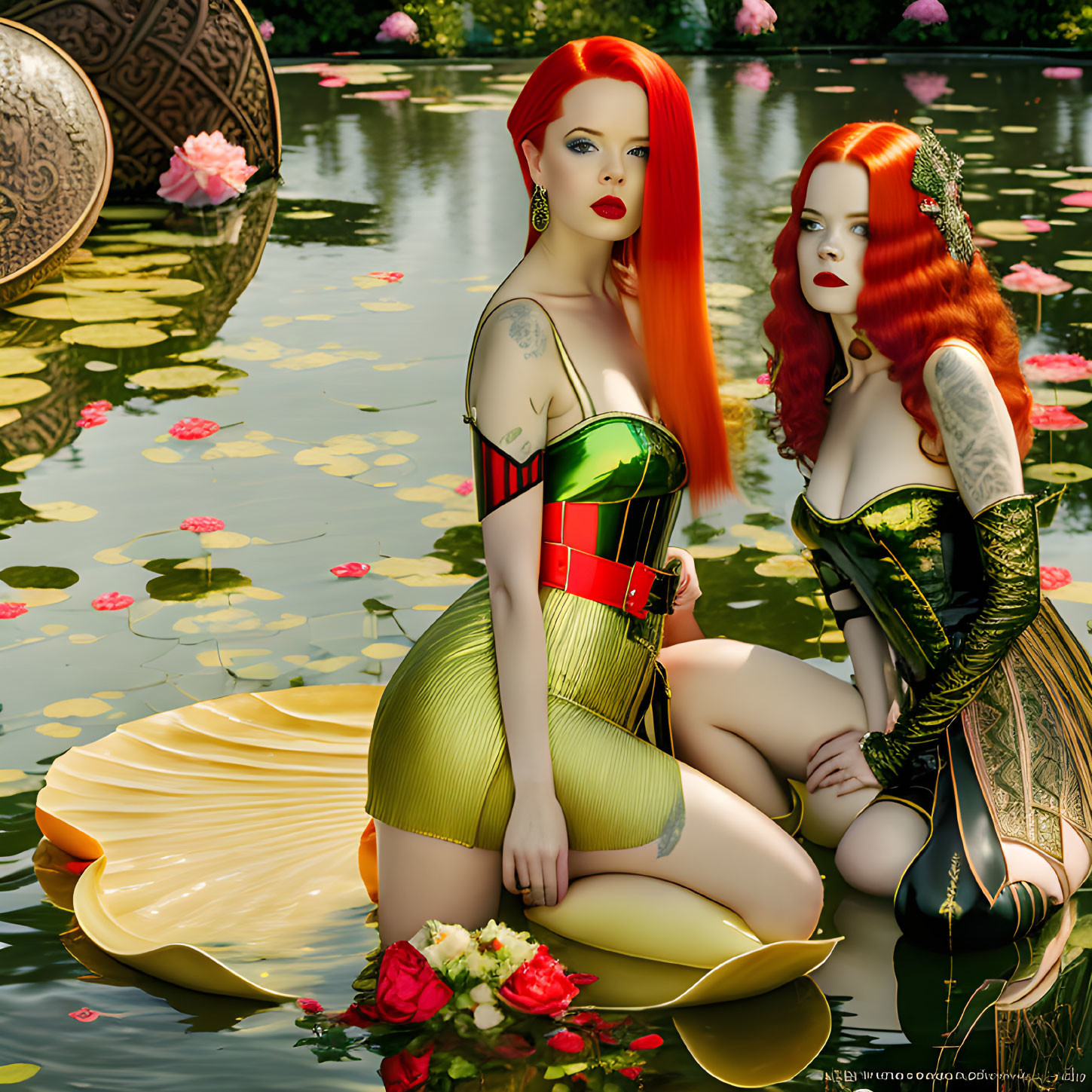 Stylized women with red hair on lily pads in pond with lotuses