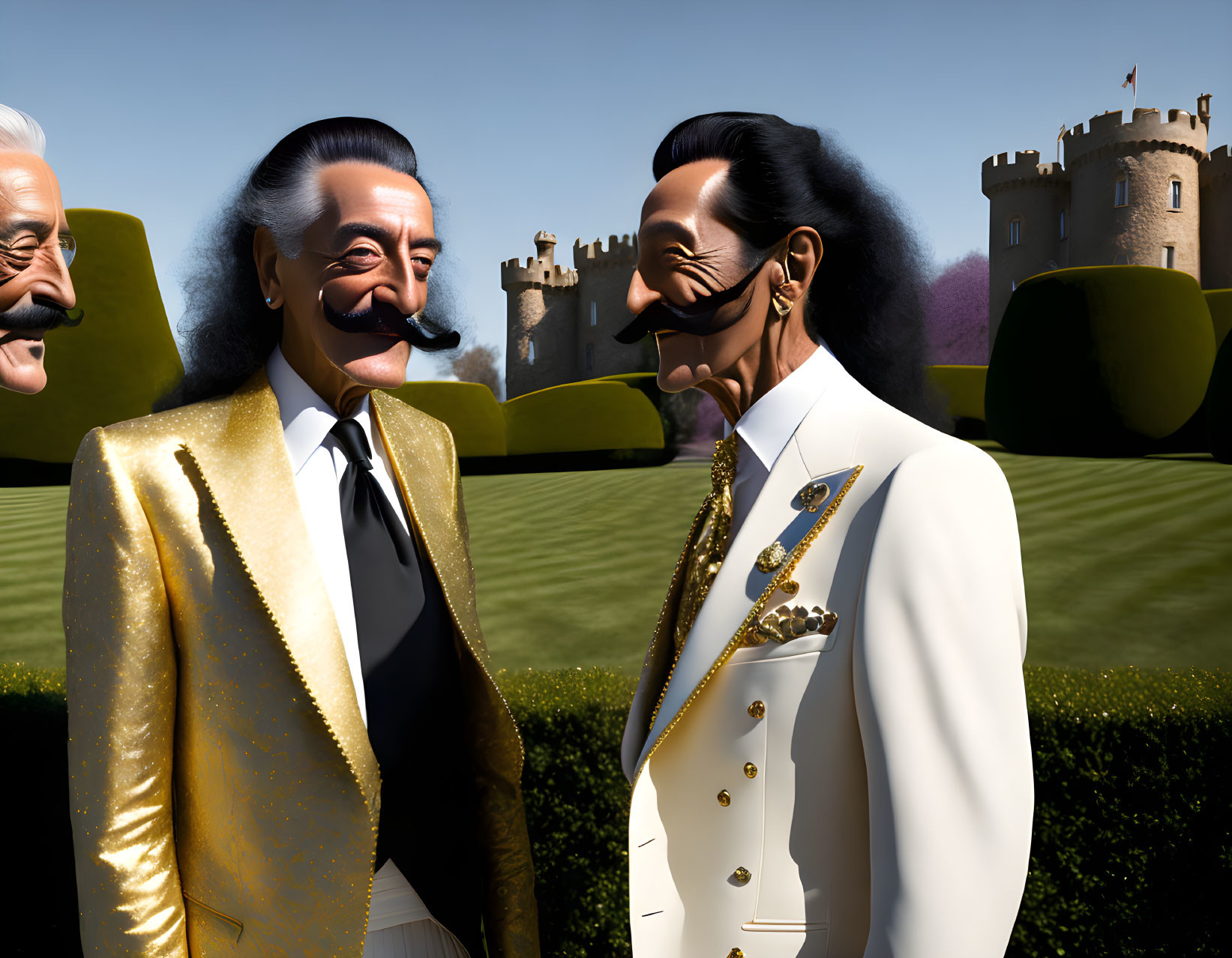 Stylized animated men in formal suits with gold accents at castle gardens