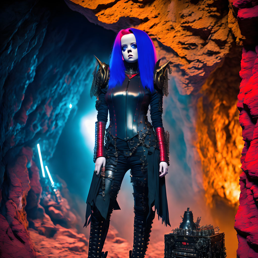 Blue and Purple Haired Person in Black Fantasy Outfit with Glowing Sword in Cave