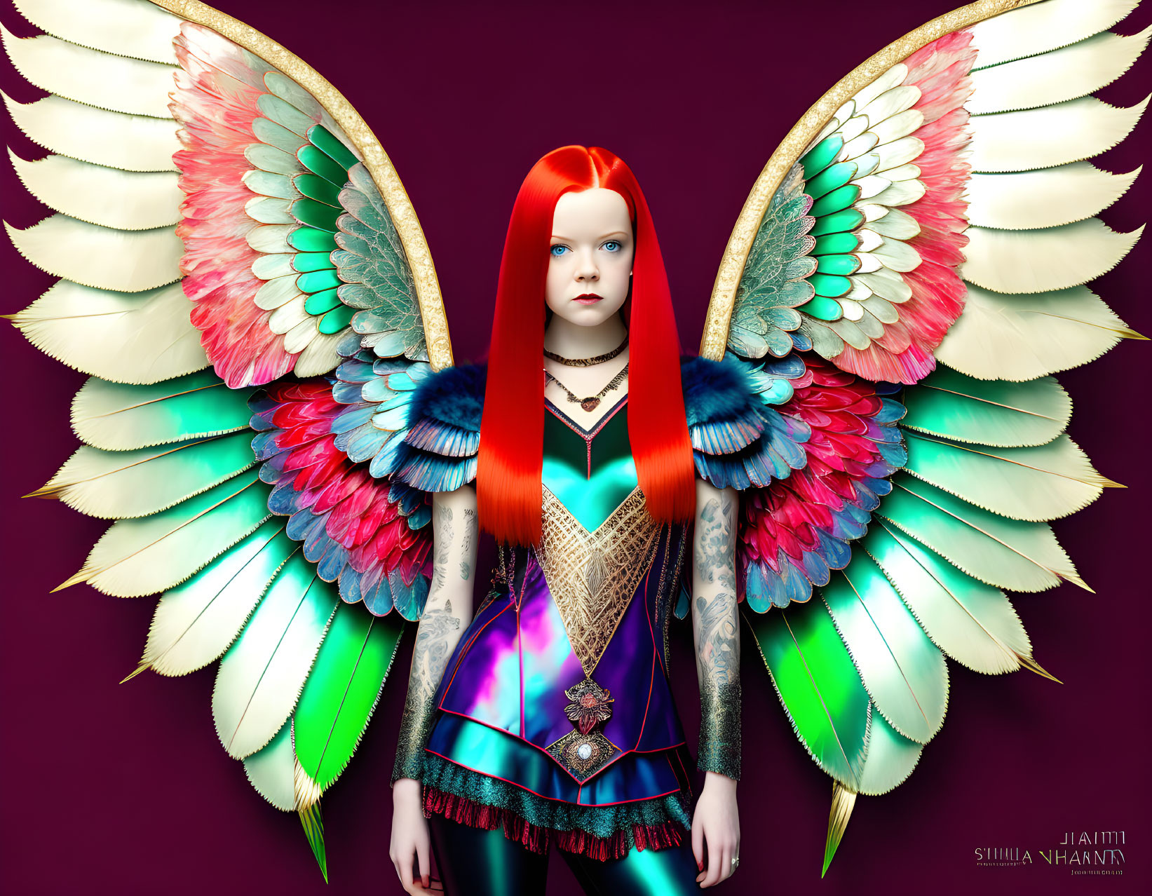 Vibrant red-haired woman with iridescent rainbow wings and colorful bodysuit