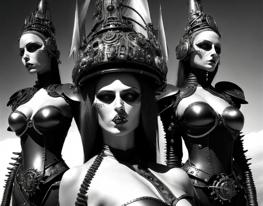 Three Women in Futuristic Gothic Armor with Intricate Headpieces against Cloudy Sky