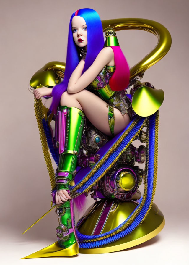 Futuristic female figure with blue hair on abstract mechanical sculpture