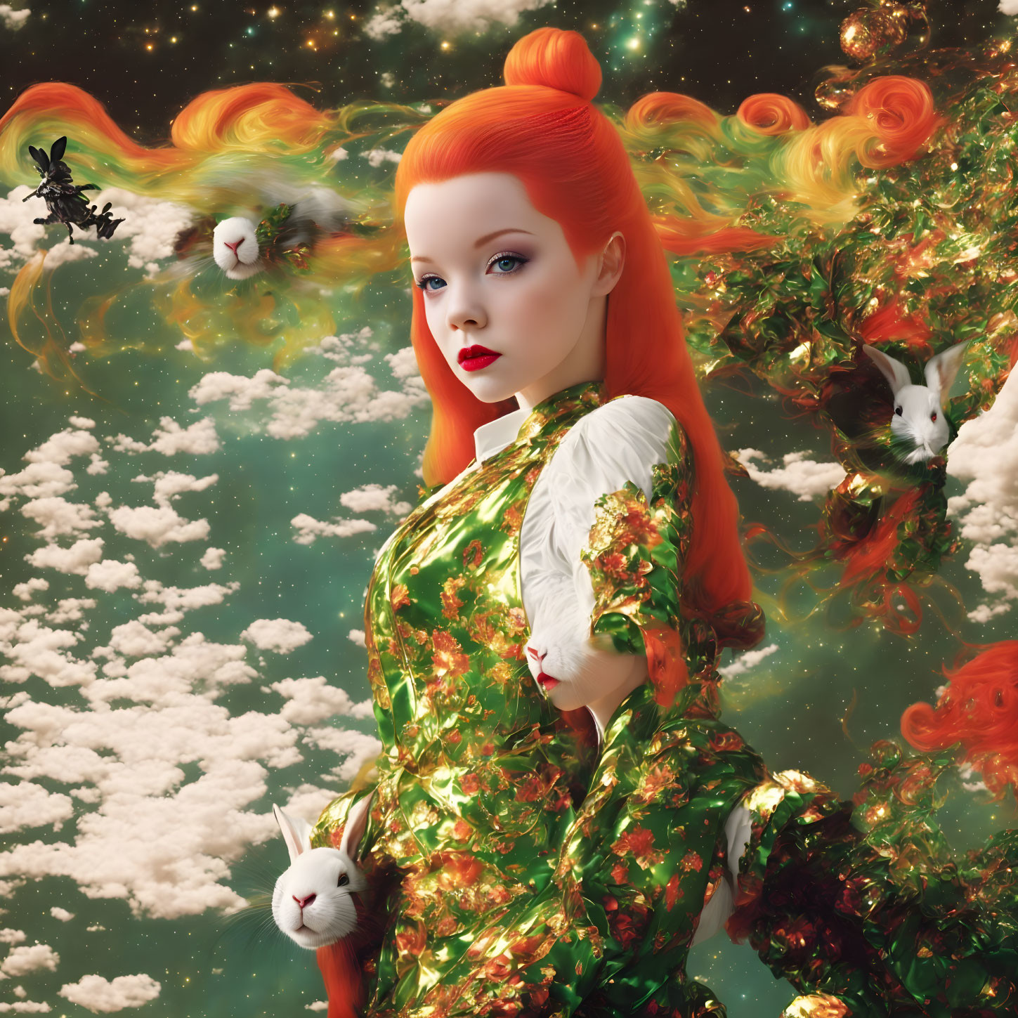 Vivid surreal artwork: woman with red hair, swirling patterns, white rabbits.