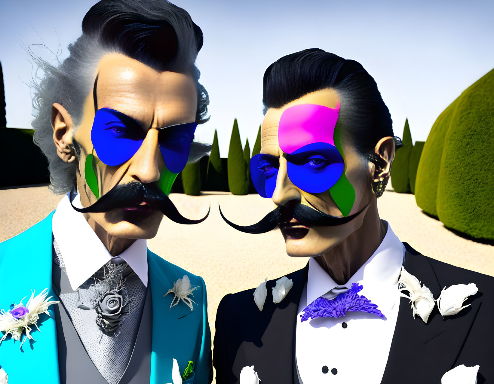 Stylized figures in formal attire with vibrant face paint in garden setting